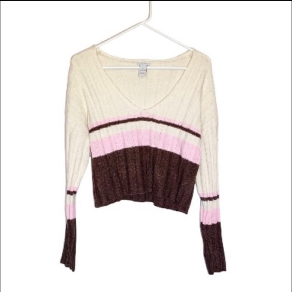 Rue 21 Cropped Long Sleeve Bold Striped Stretch Knit Sweater in Medium
